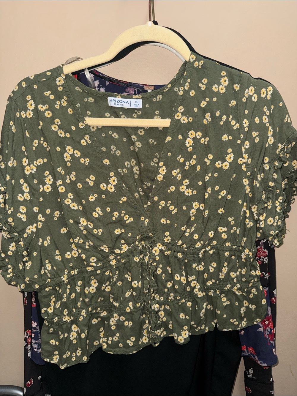Arizona Jean Company Olive Green Daisy Print Smocked Crop Top